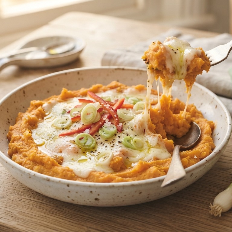 Stamppotje van zoete aardappel met mozzarella en lenteui recept