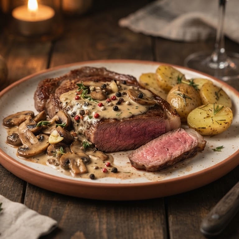 Steak met drie pepers en champignons recept