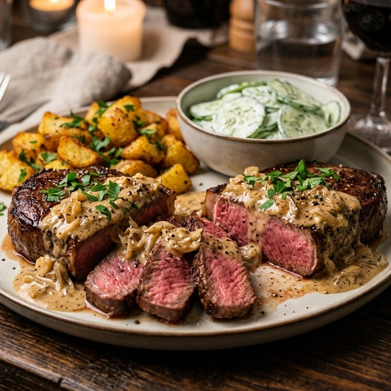 Steak met knoflook-uien-roomsaus recept