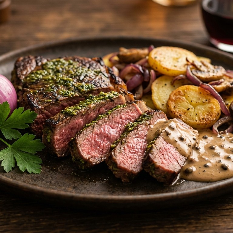 Steak pesto met pepersaus recept