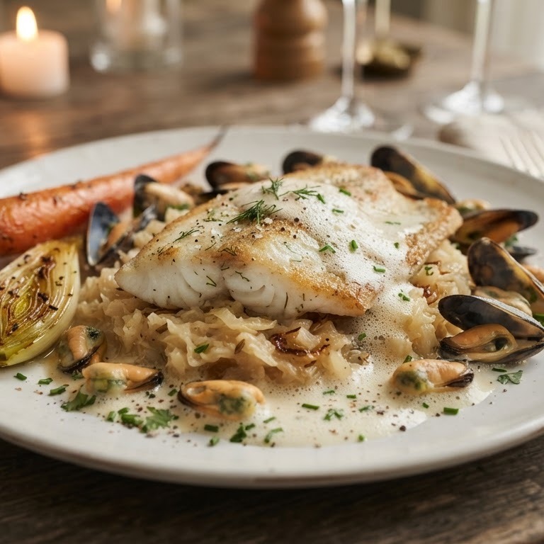 Steenschol met mosselen en romige zuurkool met saus van Verjus recept