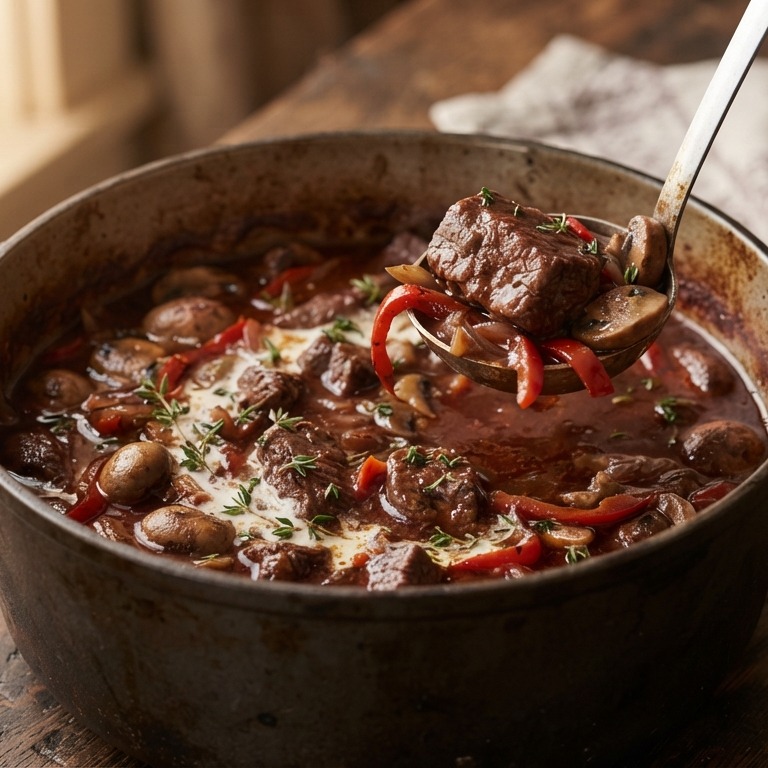 Stoofpot lamsvlees met champignons en paprika recept