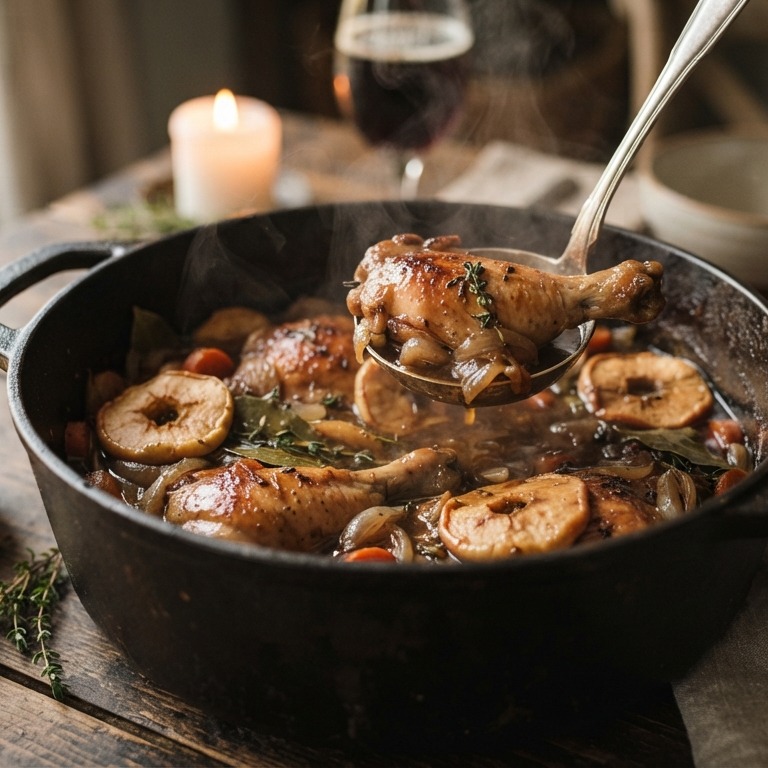 Stoofpot van kip, gedroogde appeltjes en bier recept