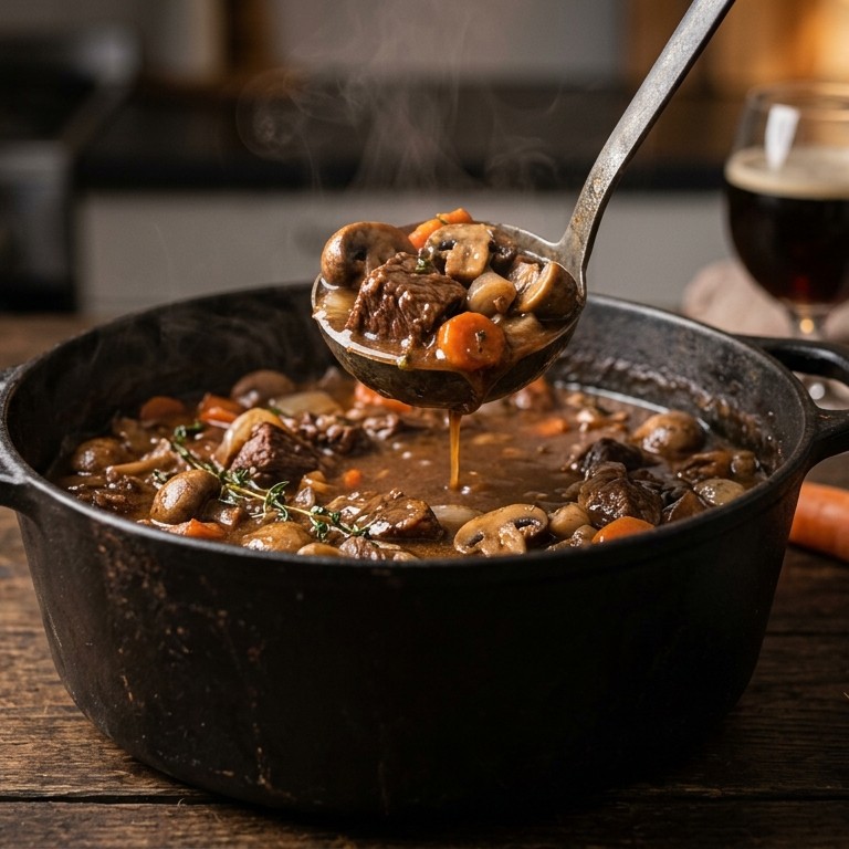 Stoofpotje met runderlappen, champignons en knoflook recept