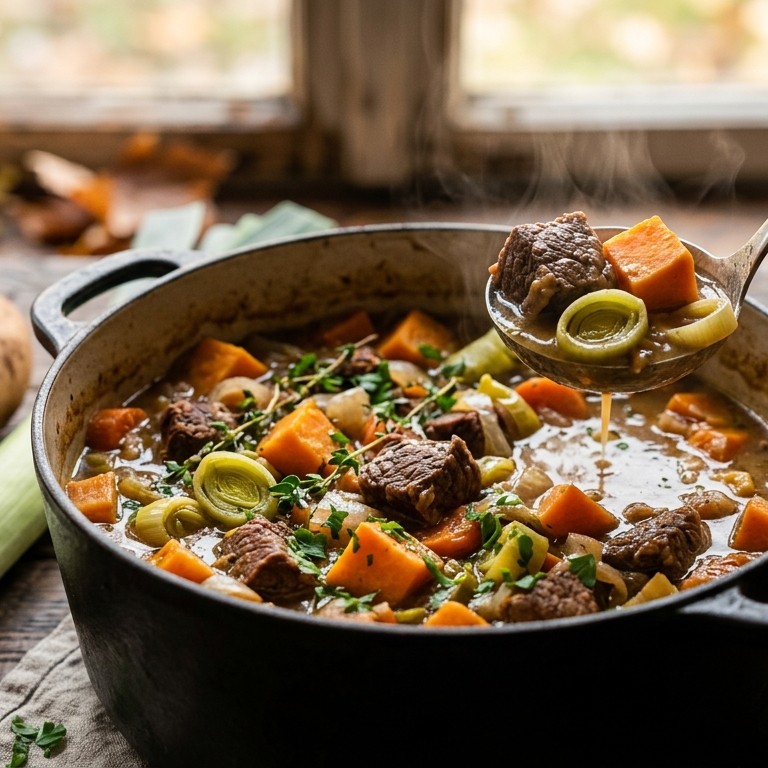 Stoofpotje met zoete aardappel, witte wijn en prei recept