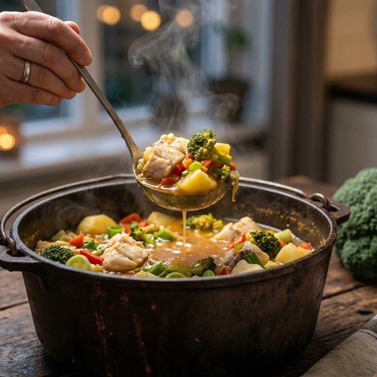 Stoofpotje van nijlbaars met aardappelen en broccoli recept