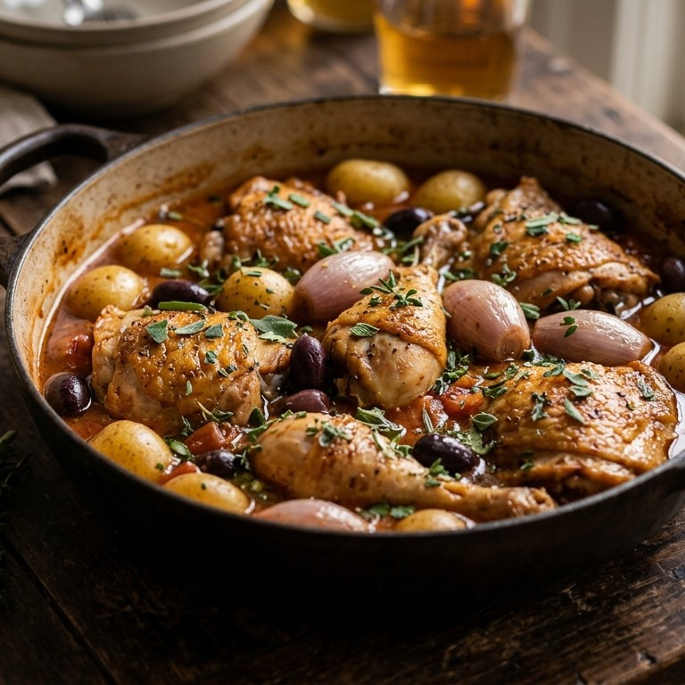 Stoofschotel kip met aardappeltjes, olijven en sjalotjes recept