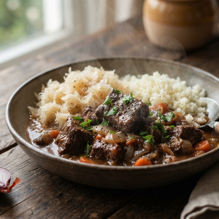 Stoofvlees met zuurkool en bloemkoolrijst recept