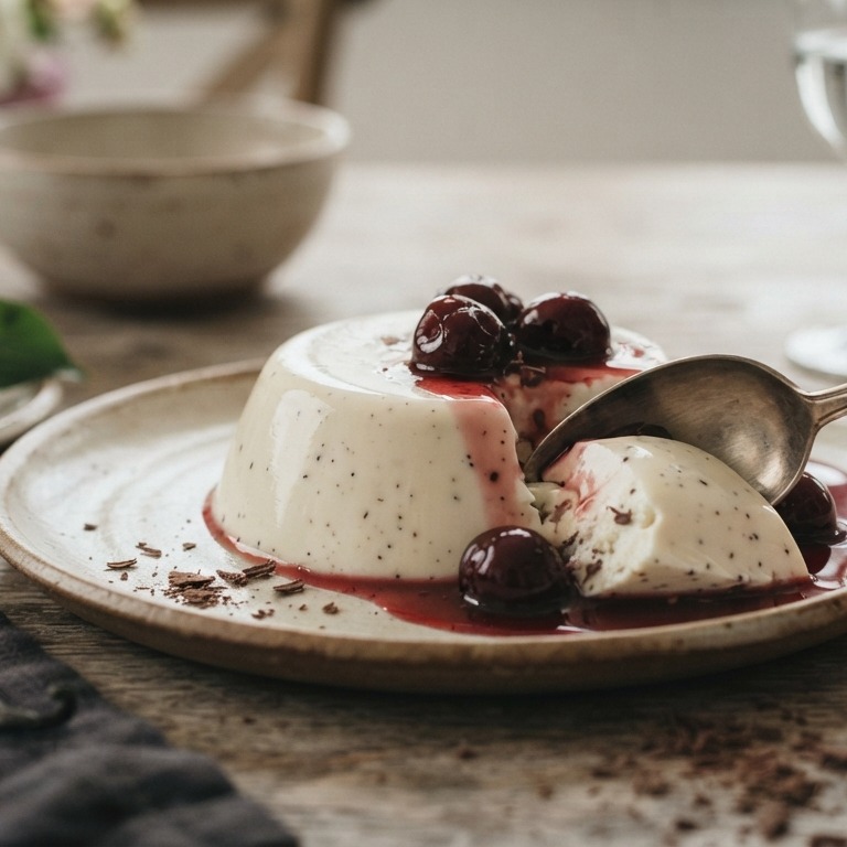 Stracciatella panna cotta met kersen recept