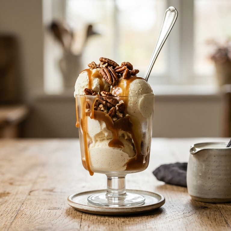 Sundae met karamel en pecannoten recept
