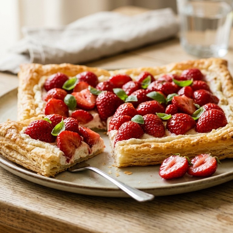 Taart van bladerdeeg met ricotta, basilicum en gemarineerde aardbeien recept