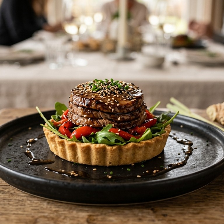 Taartje van oosters gemarineerde runderlende met sesam op een bedje van rocket sla met geroosterde paprika recept