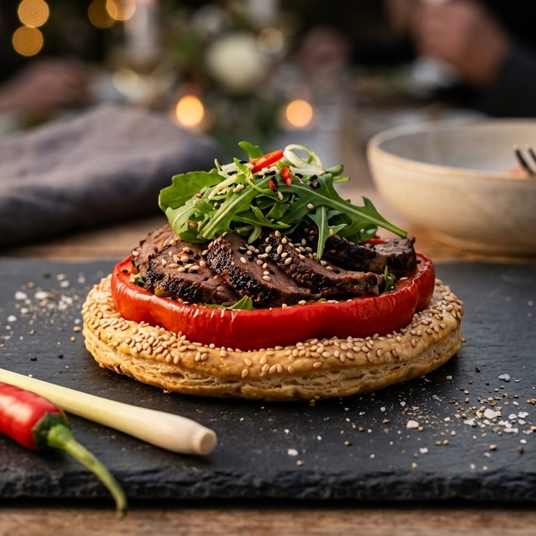 Taartje van oosters gemarineerde runderlende met sesam recept