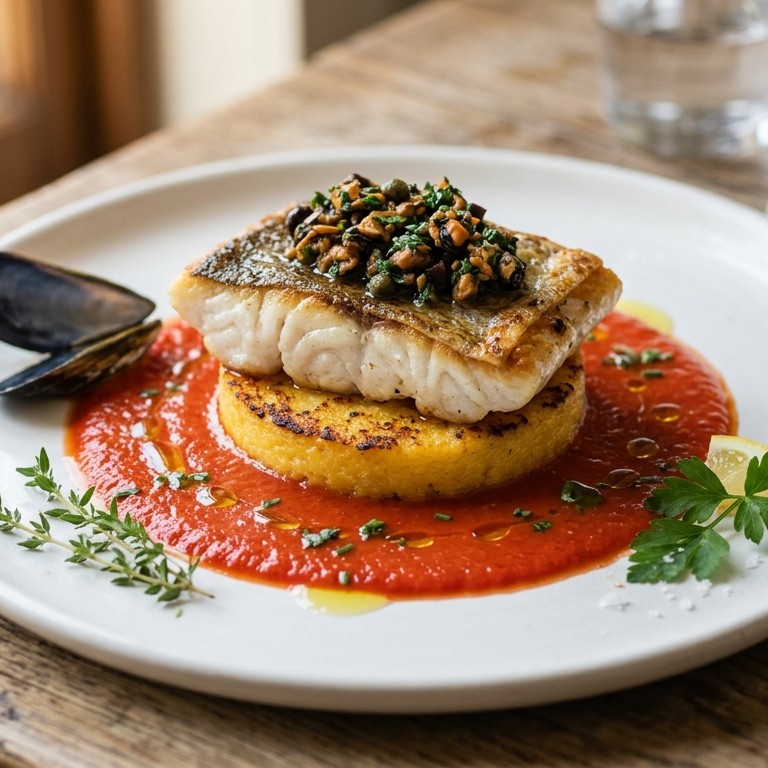 Taartje van polenta met zwarte koolvis en een tapenade van mosselen en gaspacho recept