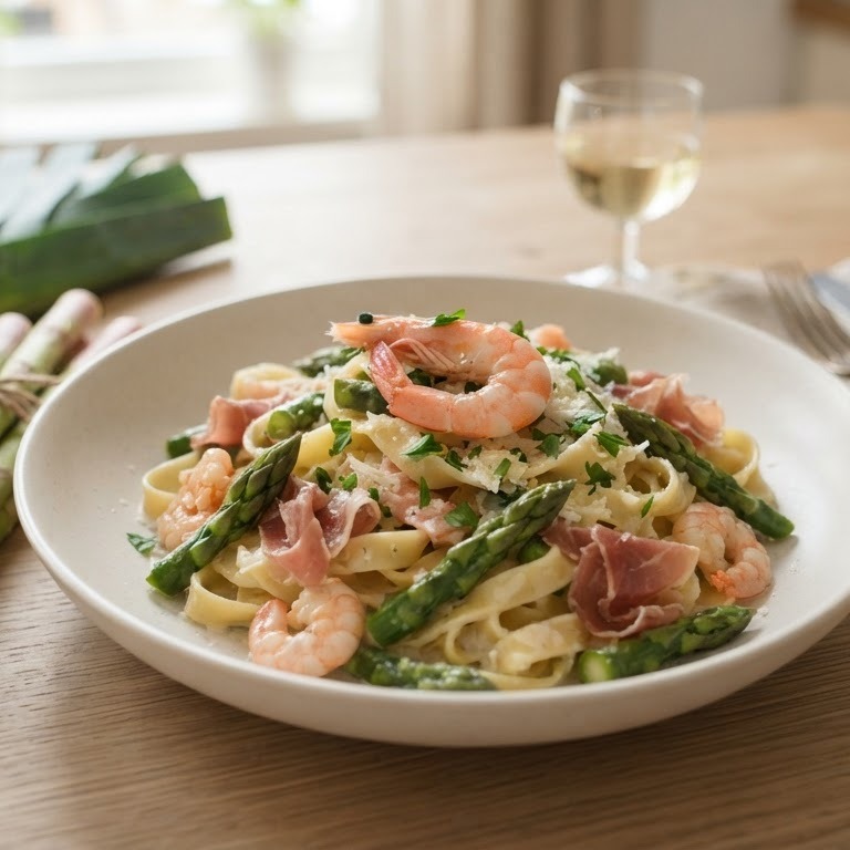 Tagliatelle met asperges, garnalen en ham recept