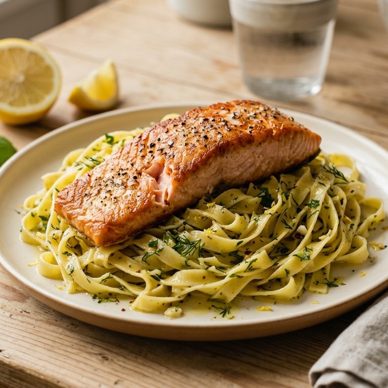 Tagliatelle met citroen-kruidenolie en gebakken zalm recept