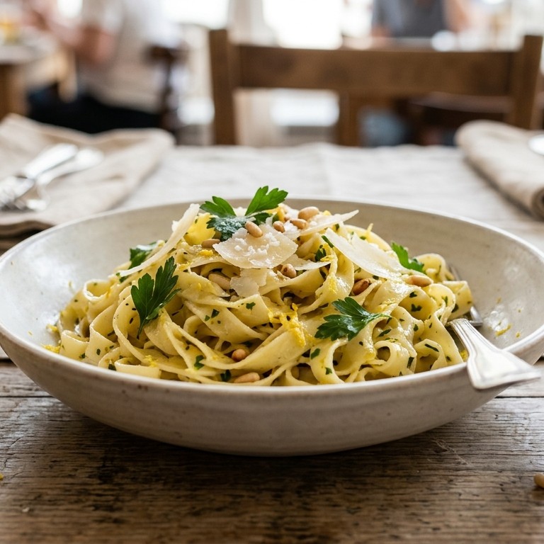 Tagliatelle met citroen-pijnboomdressing recept