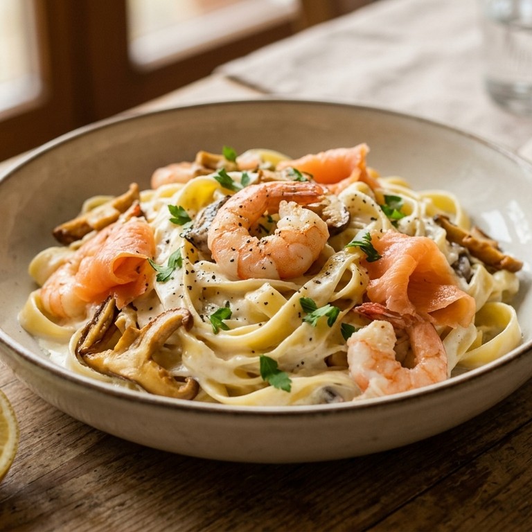 Tagliatelle met garnalen, gerookte zalm en shii-take recept