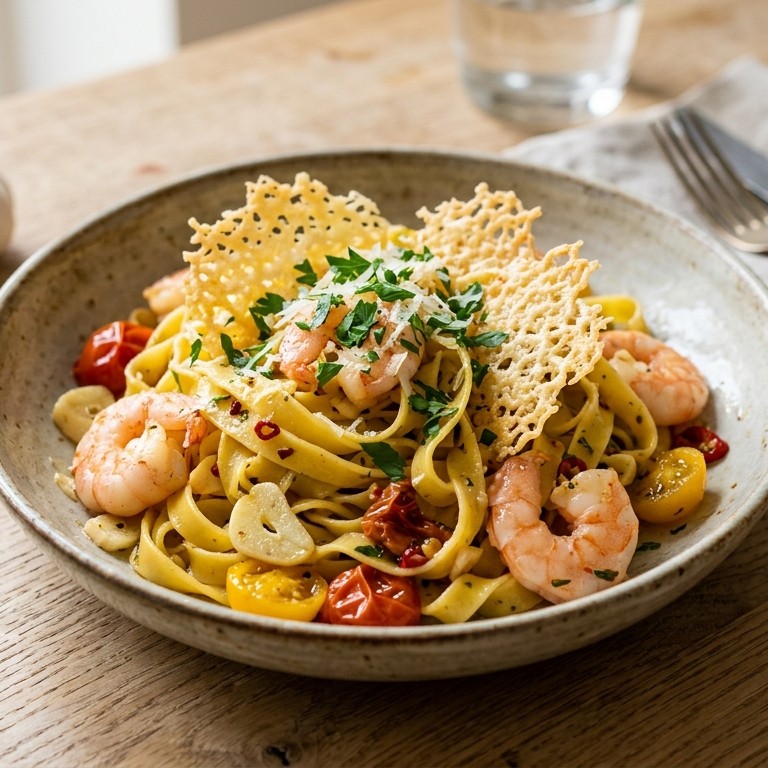 Tagliatelle met garnalen, knoflook, chili en kaaschips recept
