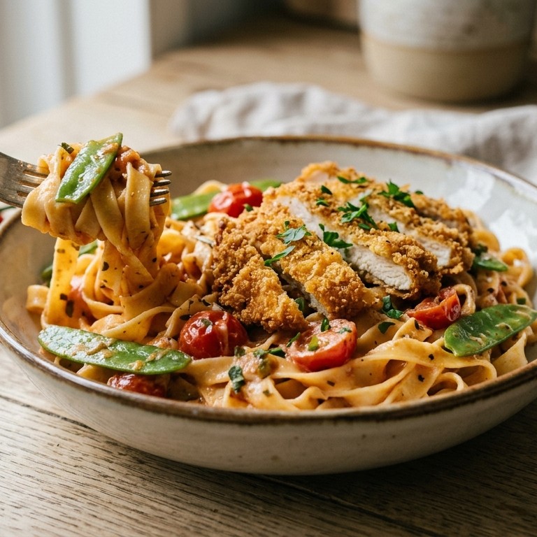 Tagliatelle met gepaneerde kip recept