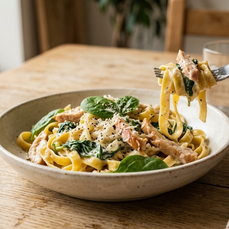 Tagliatelle met gerookte kip en spinazie recept