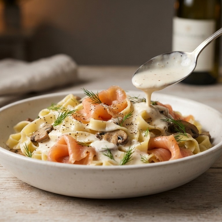 Tagliatelle met gerookte zalm en witte wijn-roomsaus recept