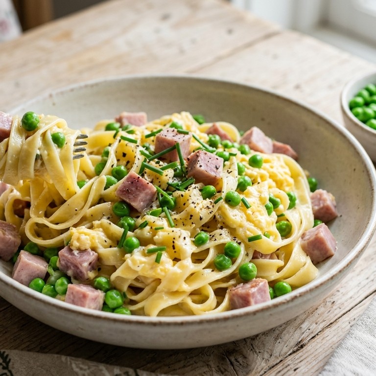 Tagliatelle met ham doperwten en ei recept