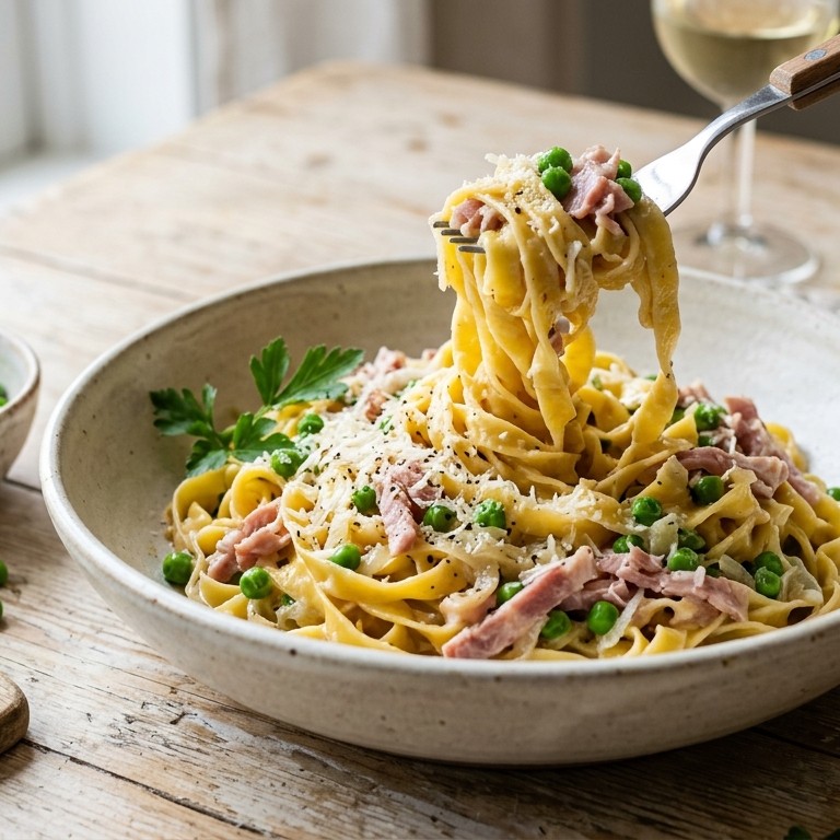 Tagliatelle met ham en doperwten recept