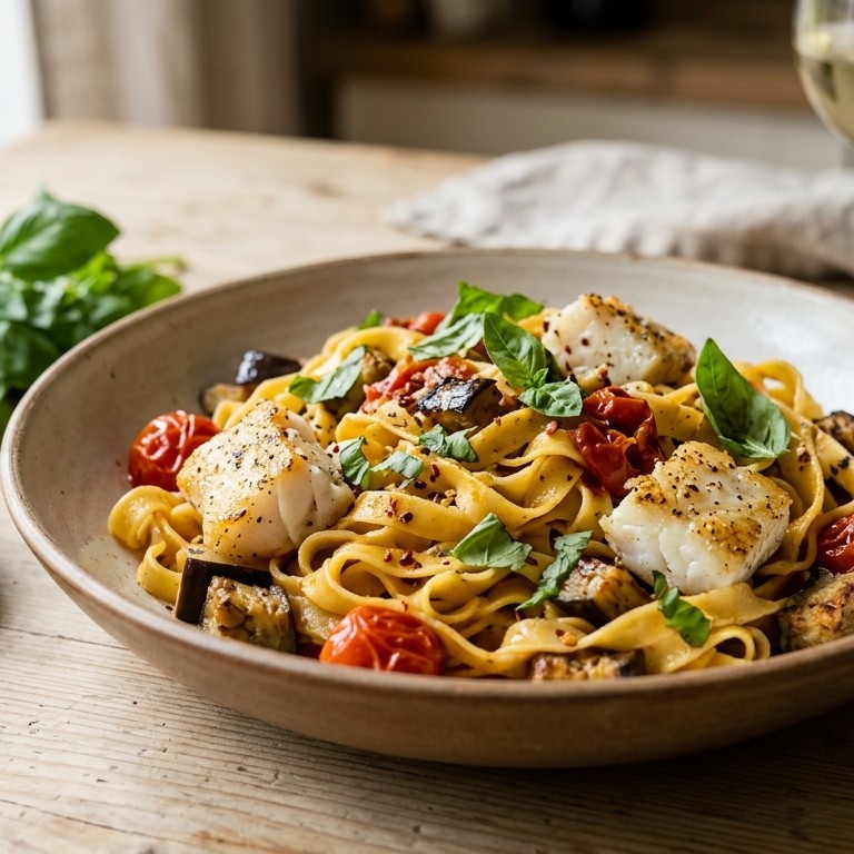 Tagliatelle met kabeljauw, aubergine en kerstomaatjes recept