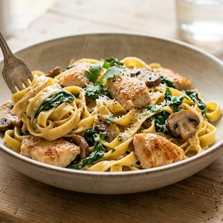 Tagliatelle met kipfilet en spinazie-champignonsaus recept