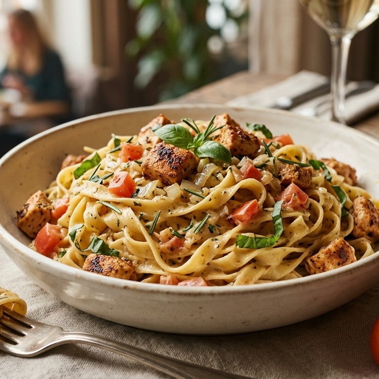 Tagliatelle met kruidige kip en knoflooksaus recept