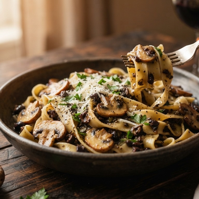 Tagliatelle met olijvensaus en champignons recept