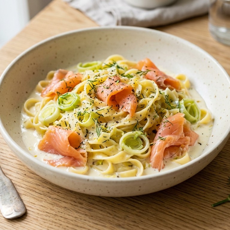 Tagliatelle met prei en gerookte zalm recept