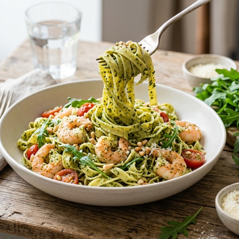 Tagliatelle met rucolapesto en garnalen recept