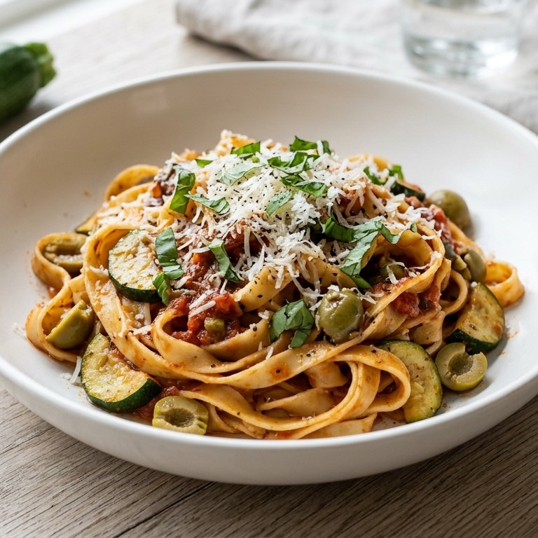 Tagliatelle met tomatensaus en groene olijven recept