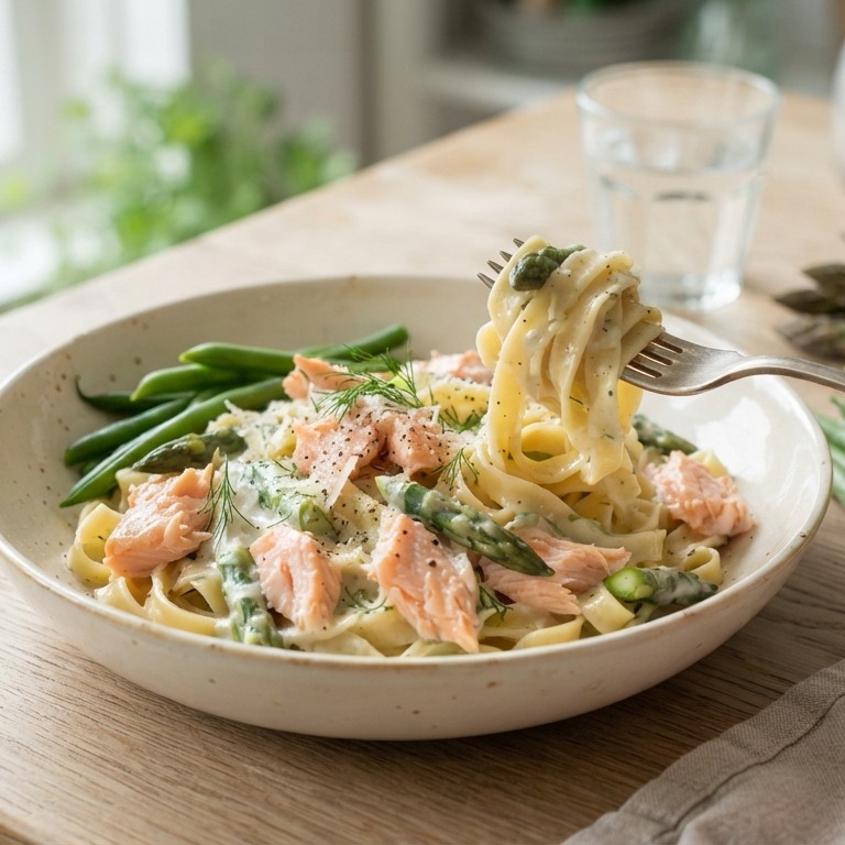 Tagliatelle met zalm en asperges recept