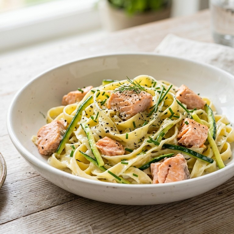 Tagliatelle met zalm, roomkaas en courgette recept