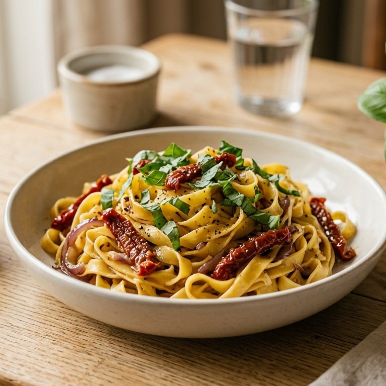 Tagliatelle met zongedroogde tomaten en basilicum recept