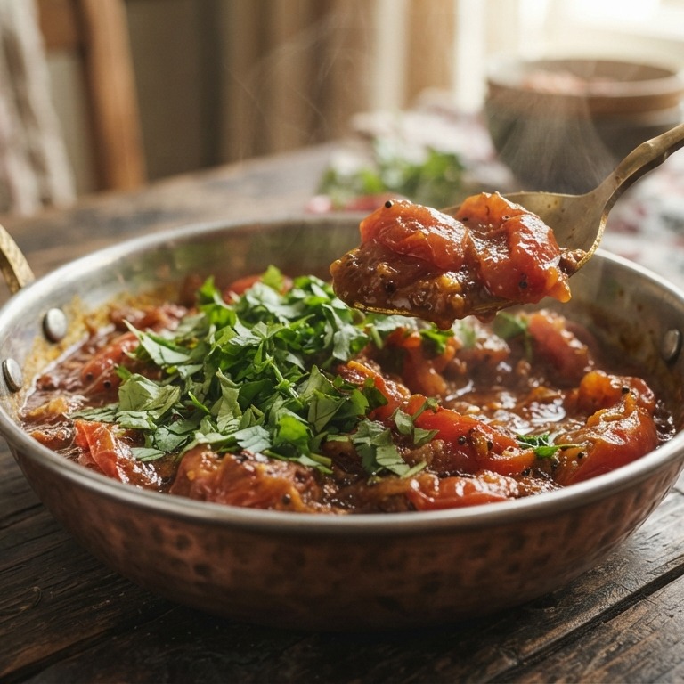 Tamatar aur hara dhania (gestoofde tomaten met koriander) recept