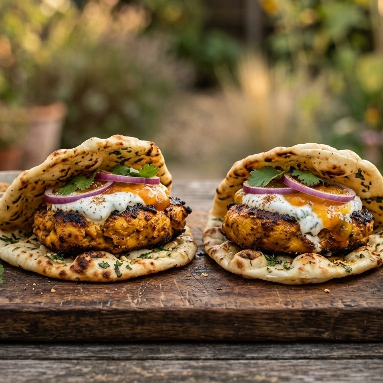 Tandorieburgers met naanbrood en mangochutney recept