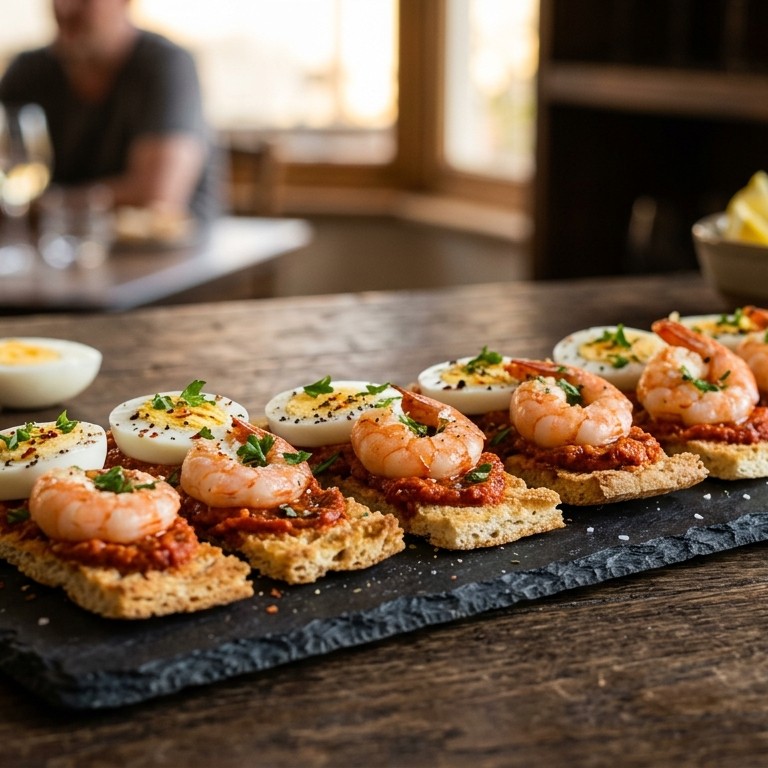 Tapa van gamba's met pesto op krokante broodreepjes recept