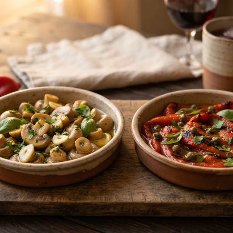 Tapas van knoflookchampignons en geroosterde paprika's recept