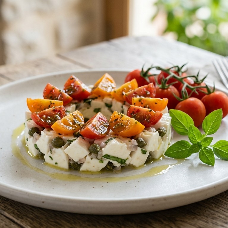 Tartaar van mozarella met gemarineerde cherrytomaatjes recept