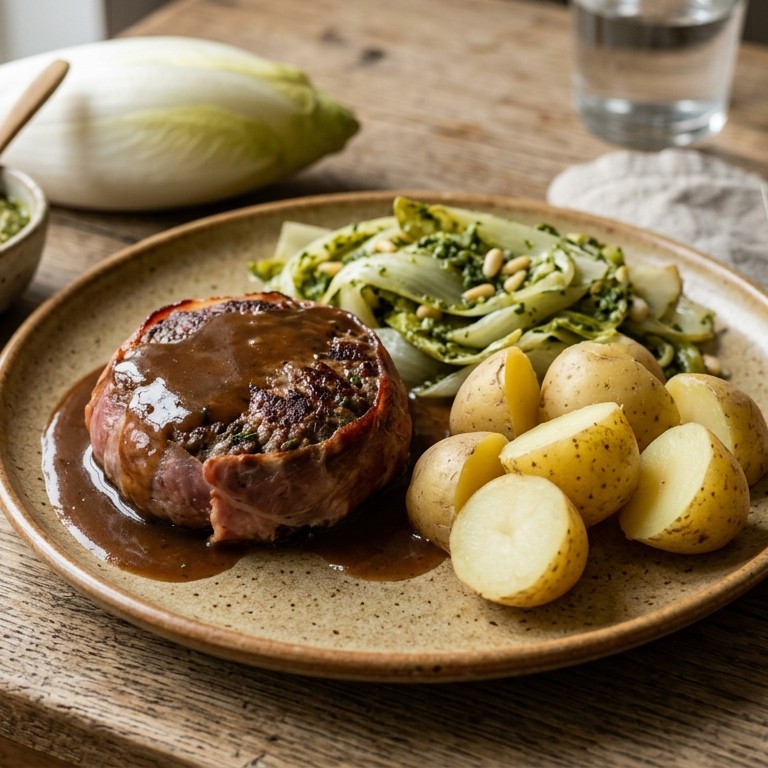 Tartaartje met gerookte  ham, andijvie, pesto en aardappelen recept