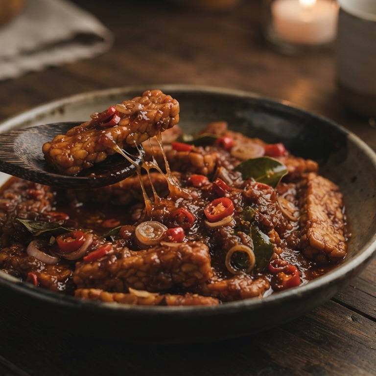 Tempeh Boemboe Bali (gefrituurde tempeh gestoofd in een pittige saus) recept