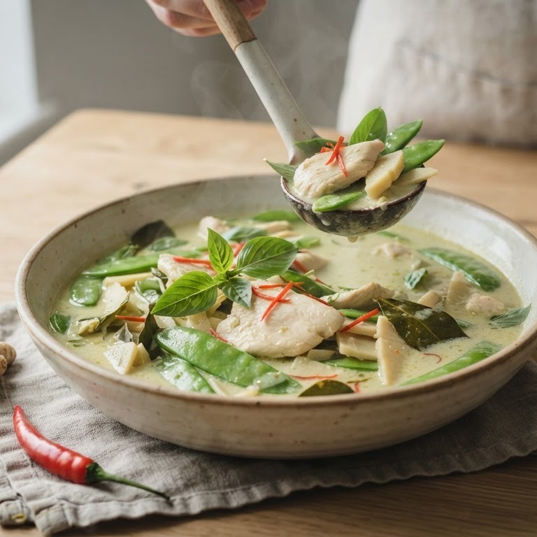 Thaise groene curry met kip en peultjes recept