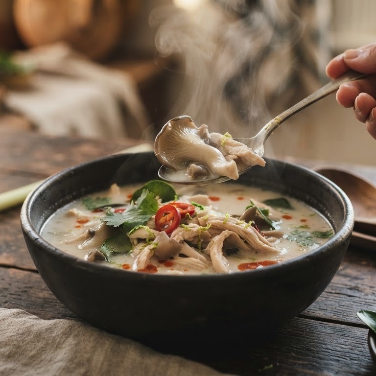 Thaise Kip-kokossoep met oesterzwammen recept
