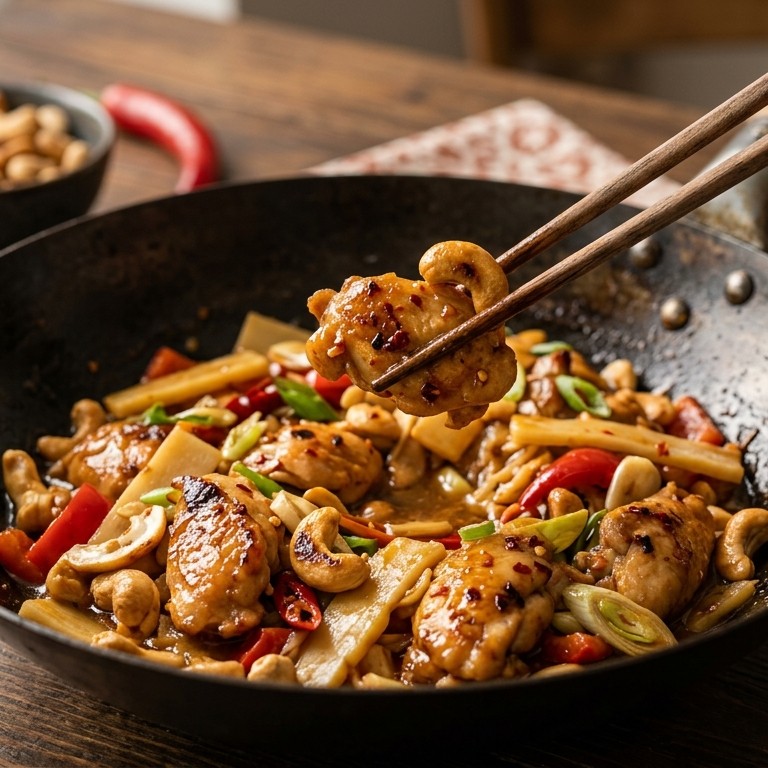 Thaise kip met cashewnoten en bamboespruiten recept