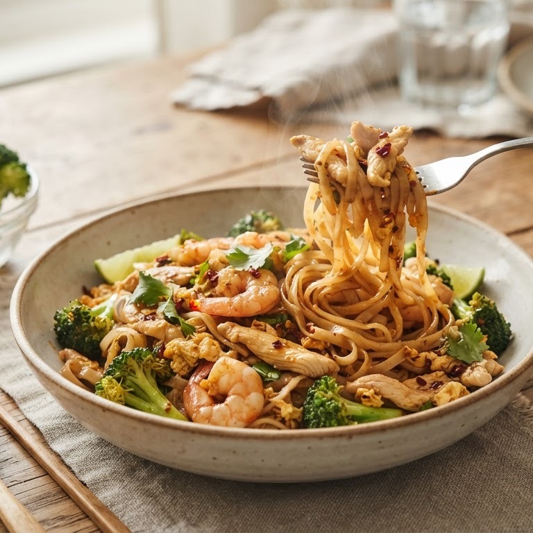 Thaise mie met garnalen, kip en broccoli recept