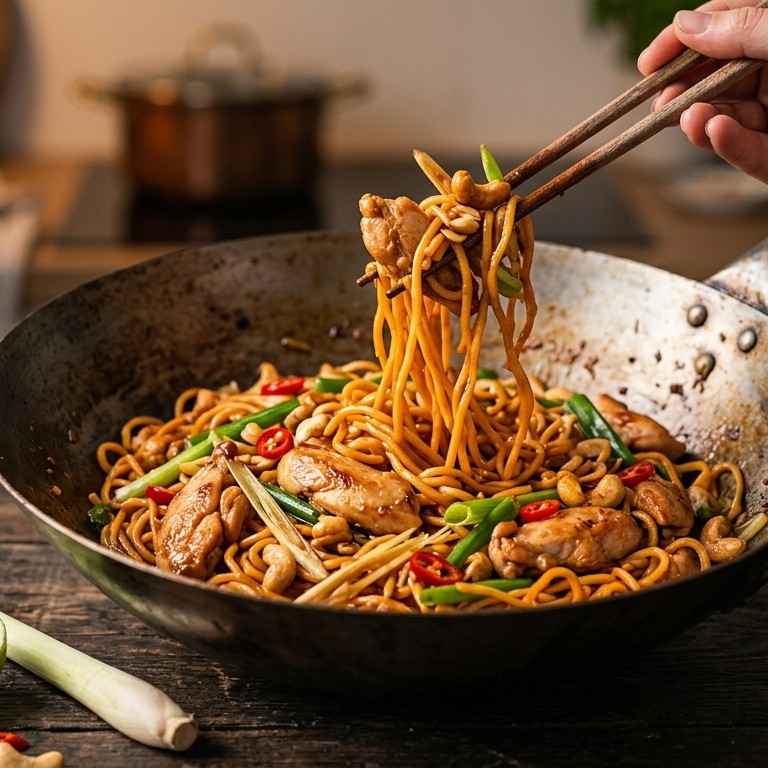 Thaise noedels met kip en cashewnoten recept